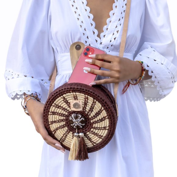 Brand New Handwoven Round Rattan Bag Shoulder Leather Straps Boho Chic - Picture 4 of 9